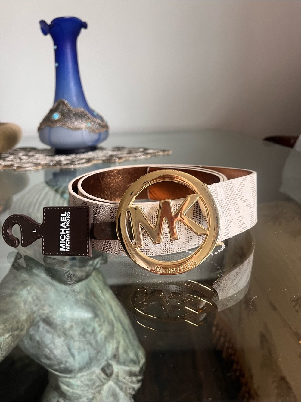 Women’s Michael Kors White Logo Belt with Gold MK Circle Buckle
